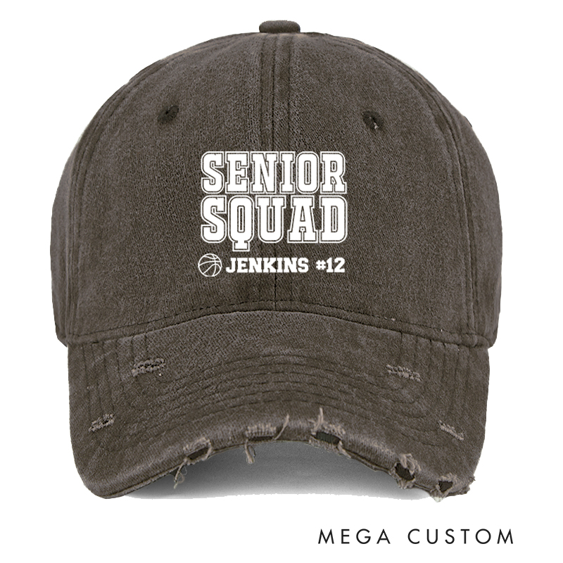 Personalized Senior Squad Distressed Cap with Custom Name and Number Design
