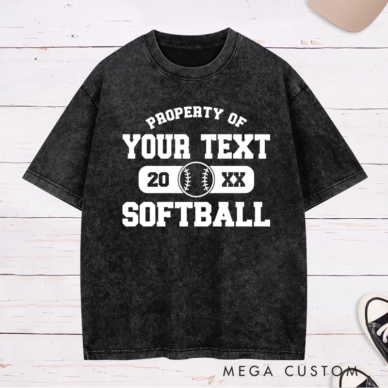 Personalized "Property of" Softball Washed T-Shirt Design Featuring Custom Text Year and Central Softball Graphic for a Classic Team Look