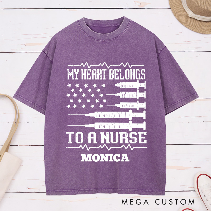 Personalized Nurse Washed T-Shirt Customized My Heart Belongs to a Nurse Design Washed T-Shirt 