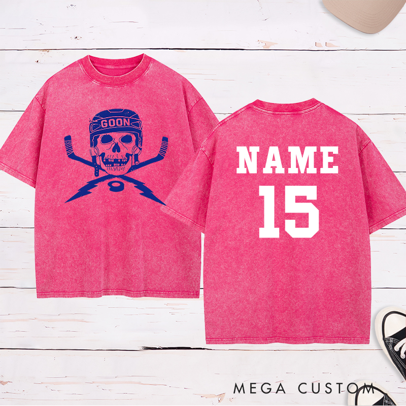 Personalized "Goon Skull" Hockey Washed T-Shirt with Custom Name and Number