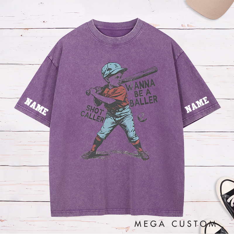 Personalized "Wanna Be a Baller" Vintage Baseball Washed T-Shirt with Custom Name and Number 