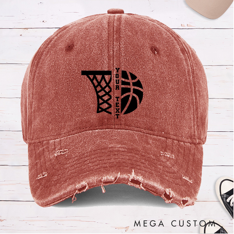 Personalized Distressed Denim Basketball Cap with Custom Text and Basketball Hoop Graphic Design