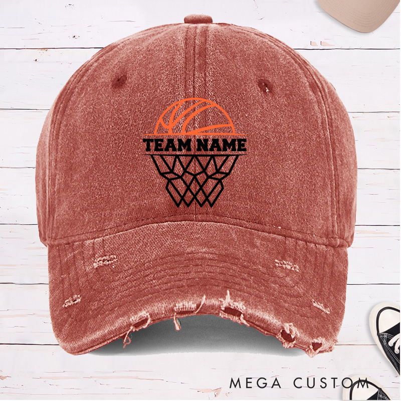Personalized Distressed Denim Basketball Cap with Customizable Team Name Design for Sports Fans