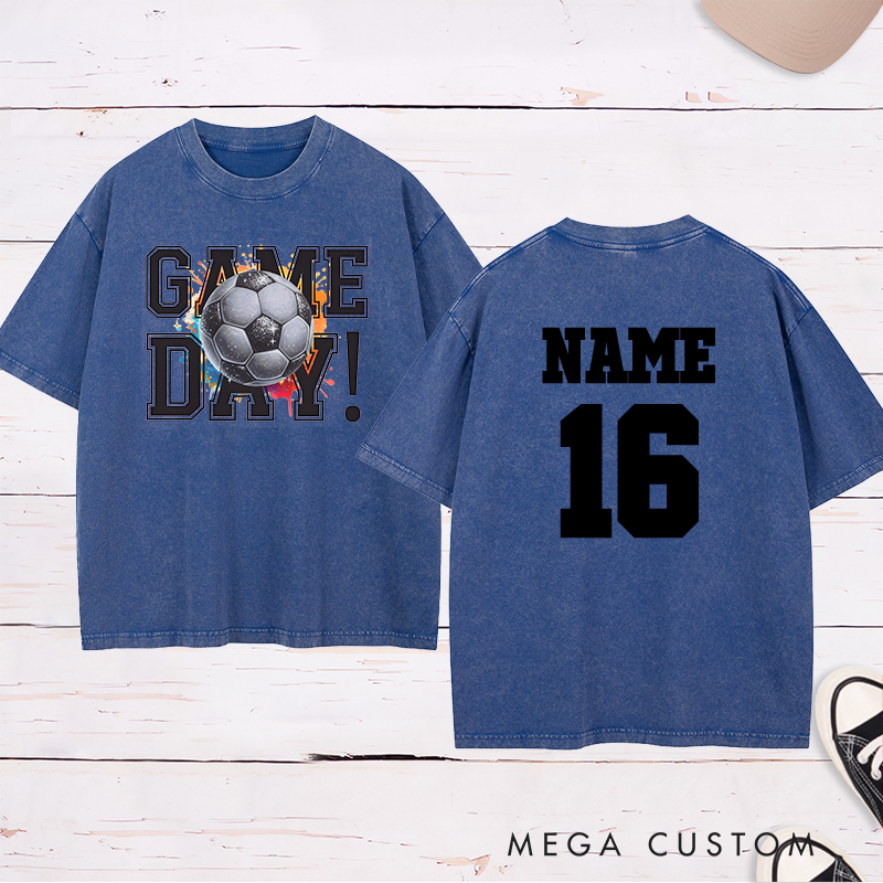 Personalized Soccer Washed T-Shirt Featuring Vibrant Splash Design and Custom Name and Number
