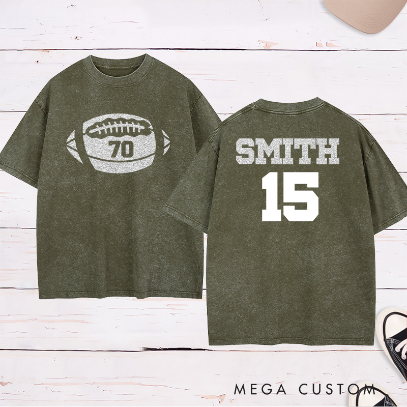 Personalized Glitter American Football and Rugby Washed T-Shirt with Custom Name and Number on the Back