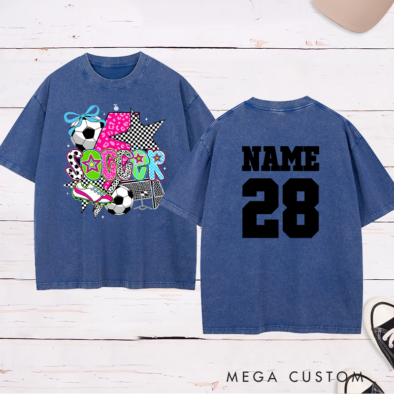 Personalized Star-Themed Soccer Washed T-Shirt with Custom Name and Number