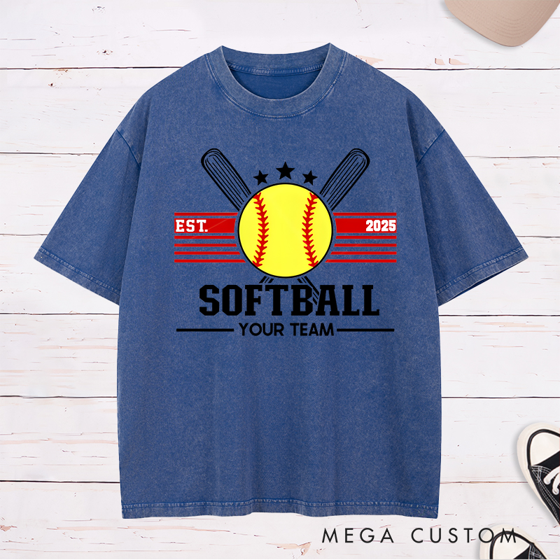 Personalized Softball Washed T-Shirt Team Logo Design Featuring a Customizable Year Team Name Bold Graphics and Classic Sports Elements