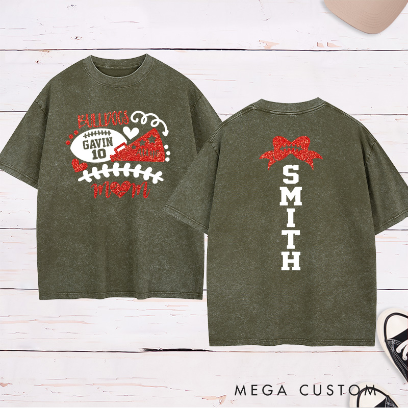 Personalized Glitter American Football and Rugby Cheer Mom Washed T-Shirt with Custom Name and Number