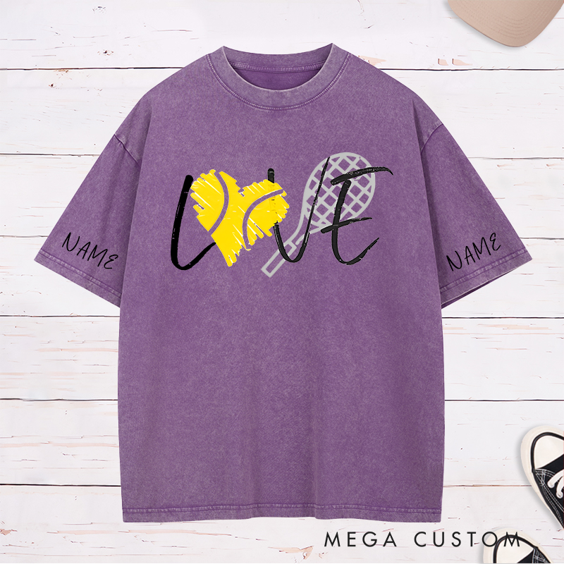 Personalized Tennis Love Washed T-Shirt with Heart and Racket Design and Custom Name