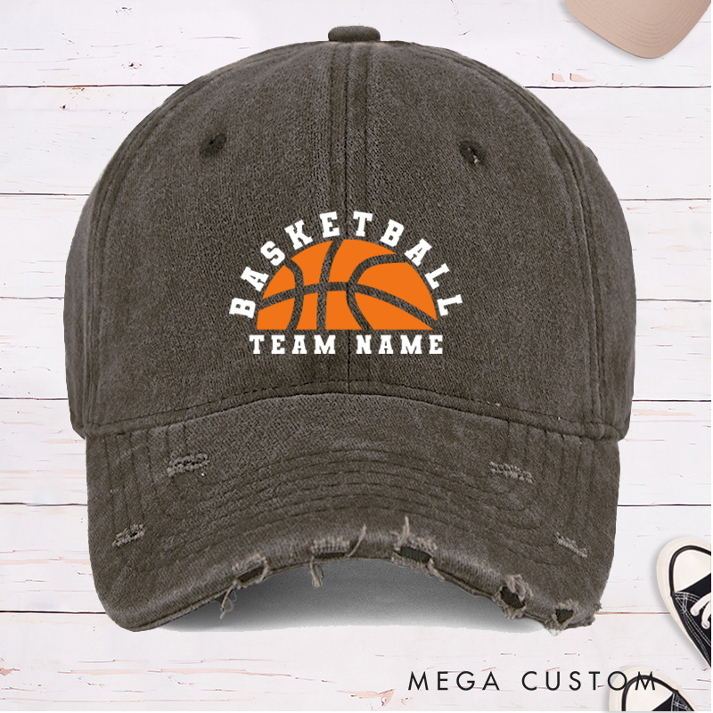 Personalized Distressed Denim Basketball Cap with Custom Team Name and Basketball Graphic Design