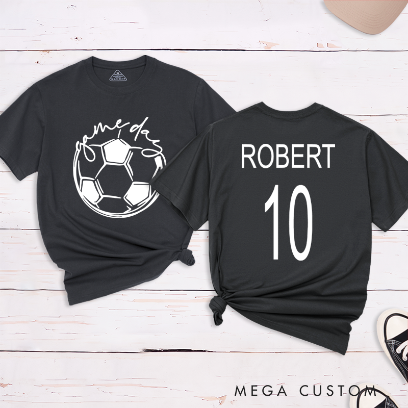 Personalized Soccer T-Shirt with Custom Name, Number, and "Game Day" Graphic Design