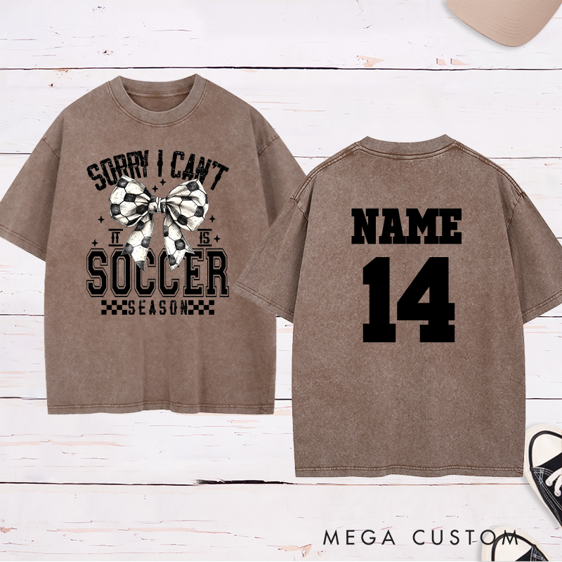 Personalized Soccer Season Washed T-Shirt with Stylish Bow Design and Custom Name and Number