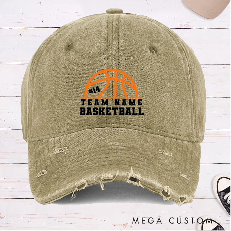 Personalized Distressed Denim Basketball Cap with Custom Team Name Player Number and Basketball Graphic Design