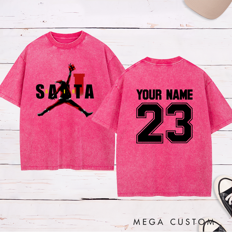 Personalized Santa Basketball Washed T-Shirt with Custom Name Number and Unique Festive Holiday Design