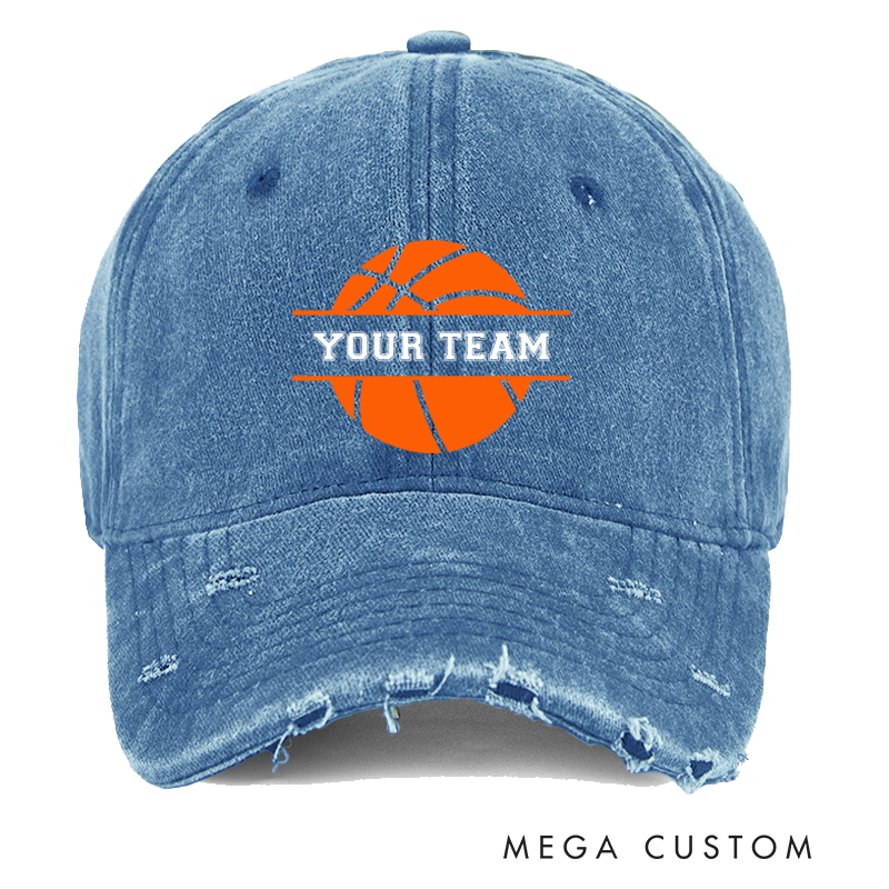 [Copy]Personalized Distressed Denim Basketball Cap with Custom Team Name Player Title and Number Design