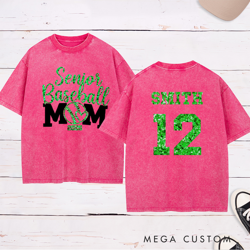 Personalized Senior Baseball Mom Washed T-Shirt with Custom Name and Number