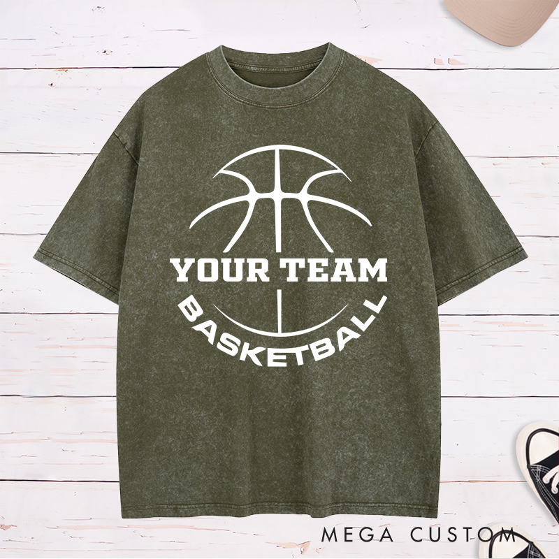 Personalized Washed T-Shirt Design Featuring a Basketball Outline with Customizable Team Name