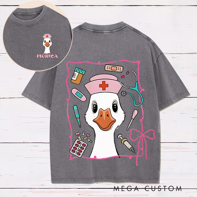 Personalized Two Sides Printed Washed T-Shirt Customized Nurse Goose with Medical Tools Cute Design Washed T-Shirt 