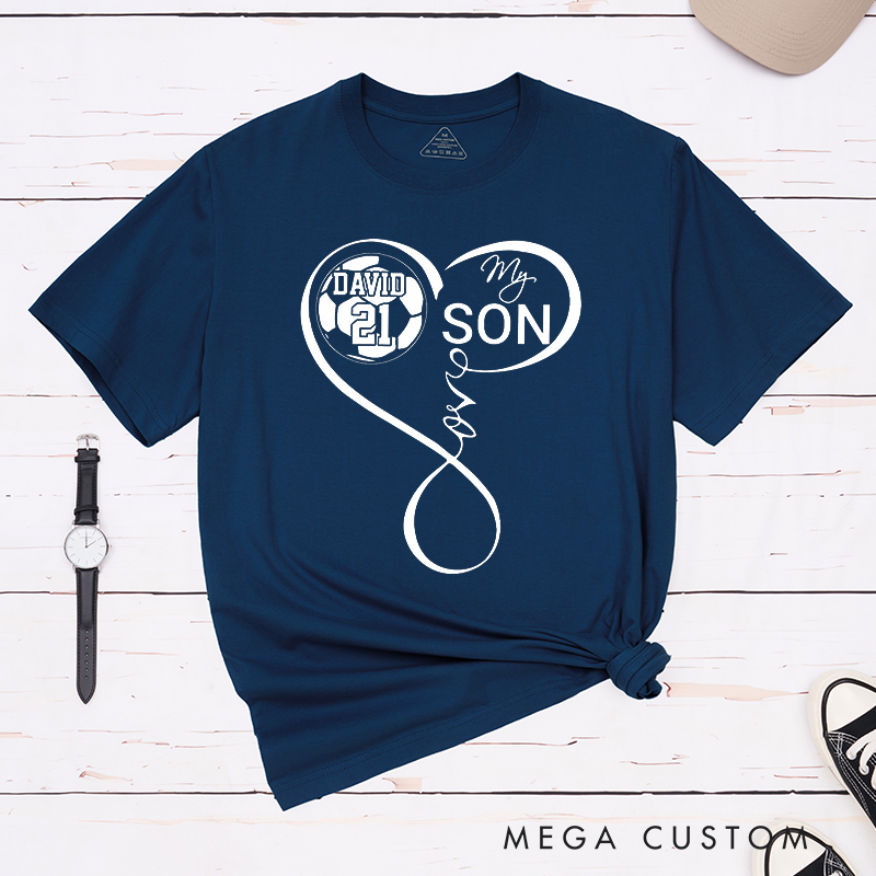 Personalized "My Son" Soccer T-Shirt with Heart Design and Custom Name and Number