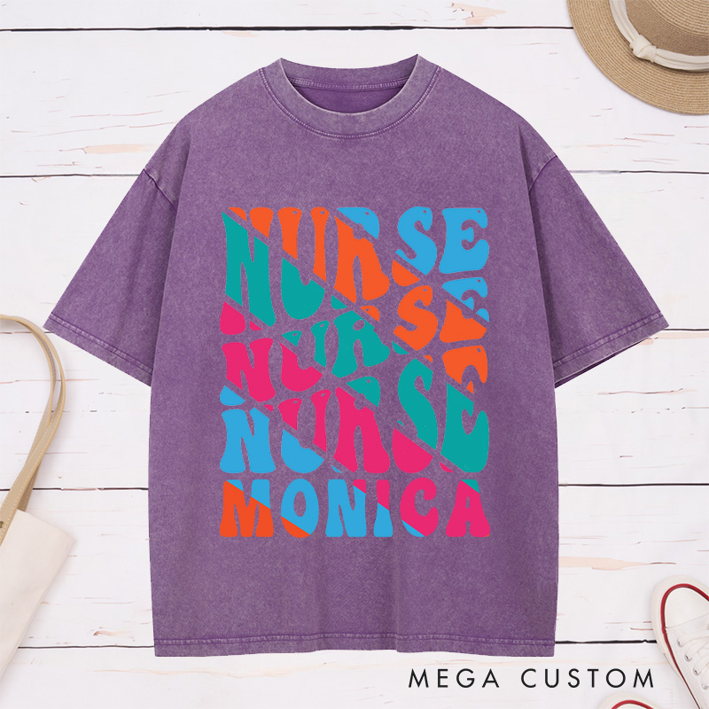 Personalized Nurse Washed T-Shirt Customized Bold Nurse Nurse Design Washed T-Shirt 