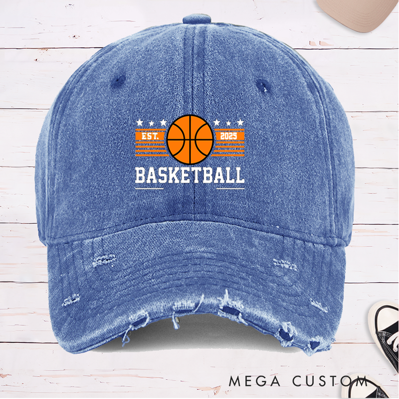 Personalized Distressed Denim Basketball Cap with Custom Team Name and Year Design