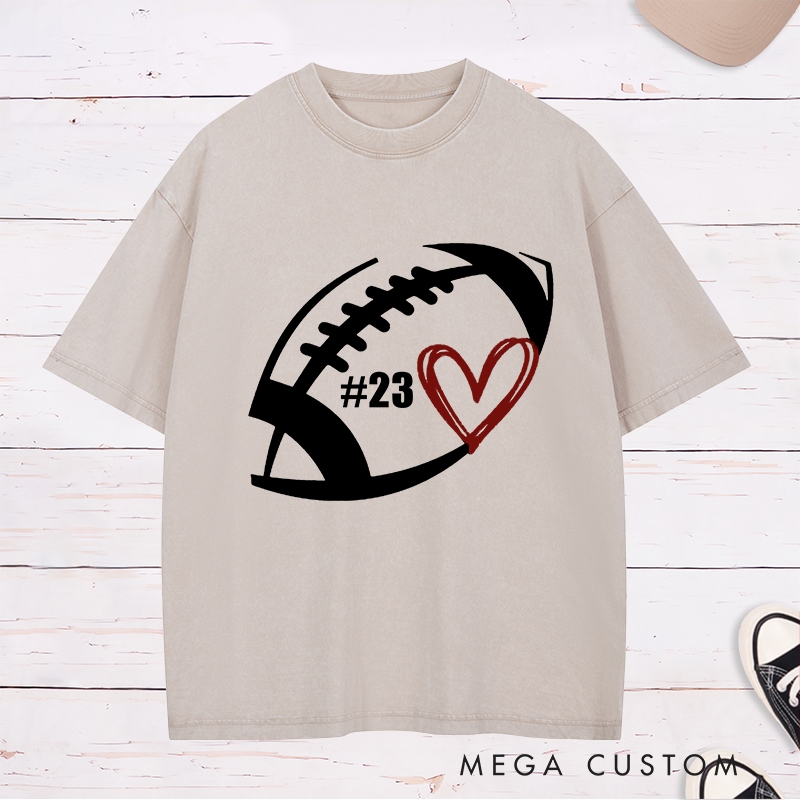 Personalized American Football and Rugby Washed T-Shirts Featuring Custom Number on the Front