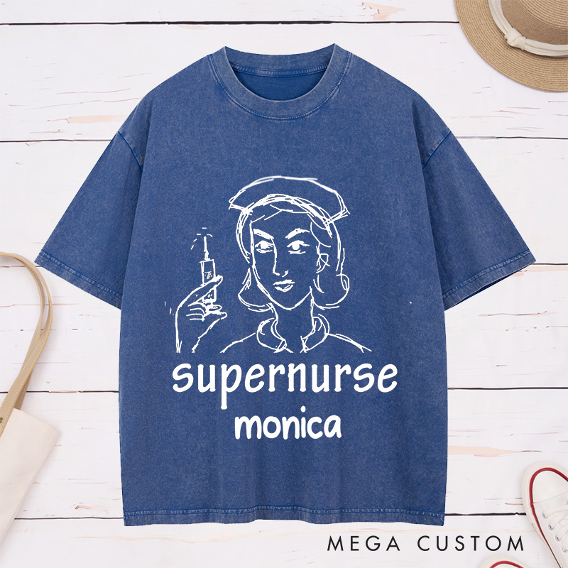 Personalized Nurse Washed T-Shirt Customized Supernurse Design Washed T-Shirt 