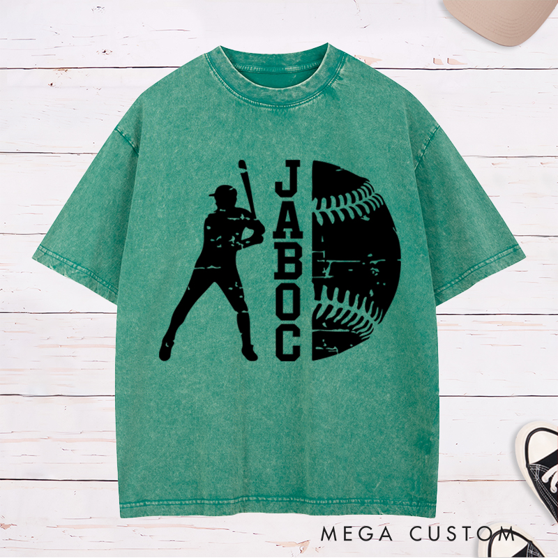 Personalized Baseball Washed T-Shirt with Batter Silhouette and Custom Name Design
