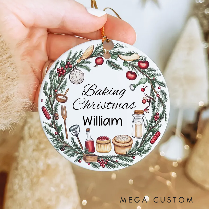 Personalized Ceramic Baking Wreath Christmas Ornament Custom Baker Ornament with Name Kitchen Decor for Baking Lover Gift Holiday Decor