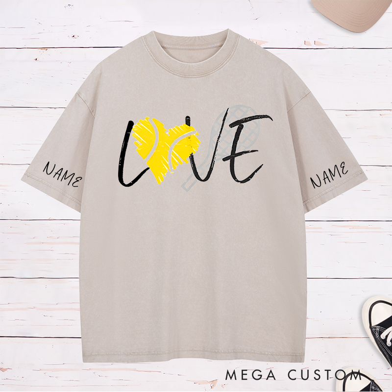 Personalized Tennis Love Washed T-Shirt with Heart and Racket Design and Custom Name