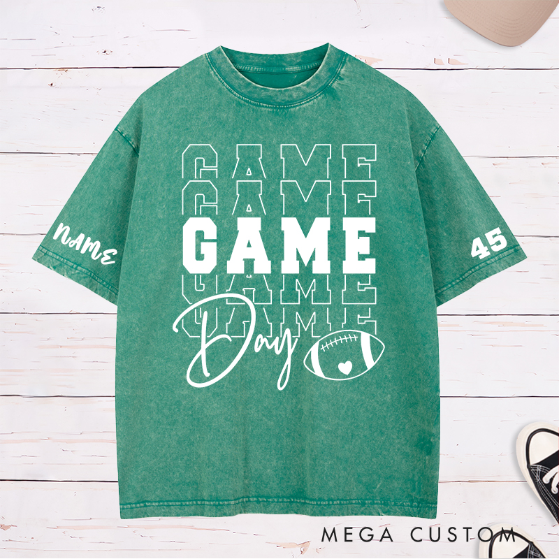 Personalized American Football and Rugby Washed T-Shirt with Custom Name and Number of Game Day