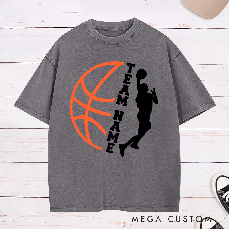 Personalized Washed T-Shirt Design Featuring Custom Team Name with Dynamic Dunking Player Silhouette and Bold Basketball Graphic