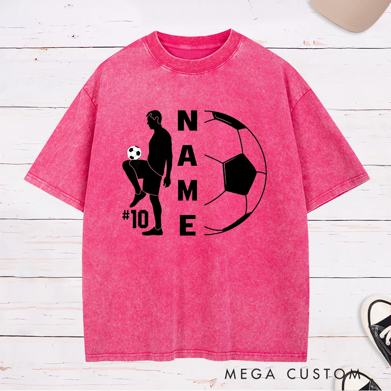 Personalized Soccer Washed T-Shirt with Player Silhouette and Custom Name and Number Design
