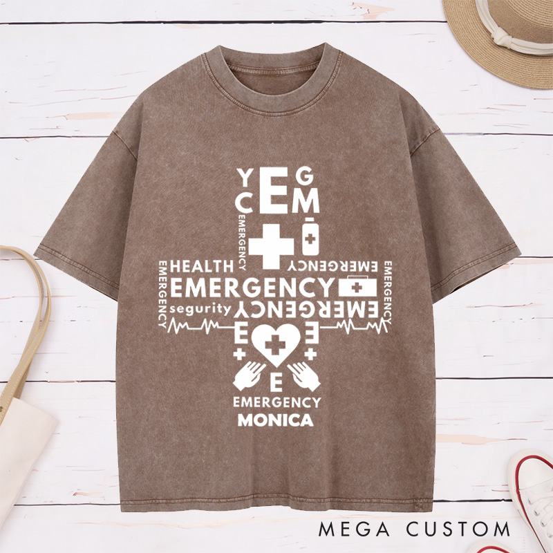 Personalized Nurse Washed T-Shirt Customized Emergency Cross Design Washed T-Shirt 