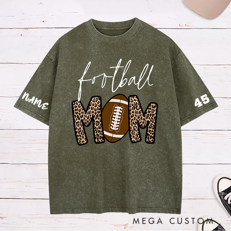 Personalized American Football Mom Washed T-Shirts with Custom Name and Number for Mother's Day