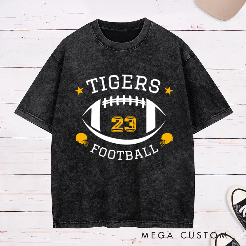Personalized American Football Bold Team Design Washed T-Shirts with Custom Team Name and Number on the Front