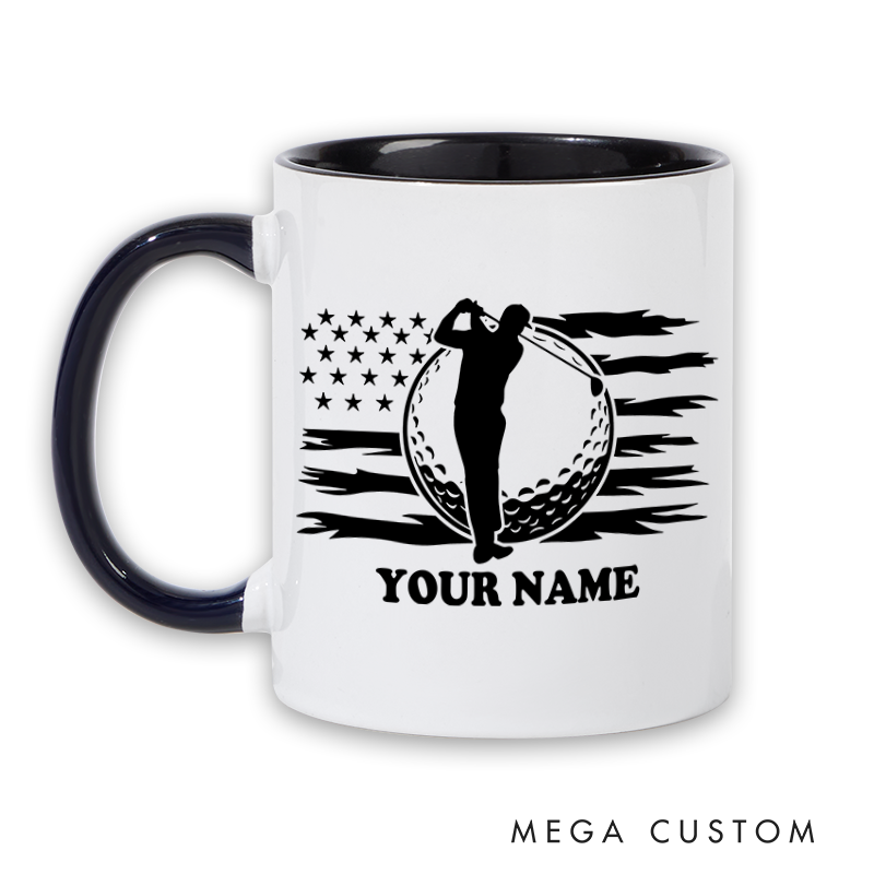 Personalized Golf Mug with Custom Name and American Flag Golfer Design Perfect Gift for Golf Enthusiasts