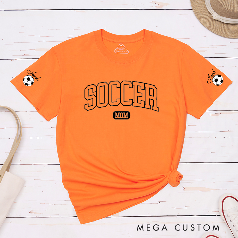 Personalized Soccer Mom T-Shirt with Custom Sleeve Name Design