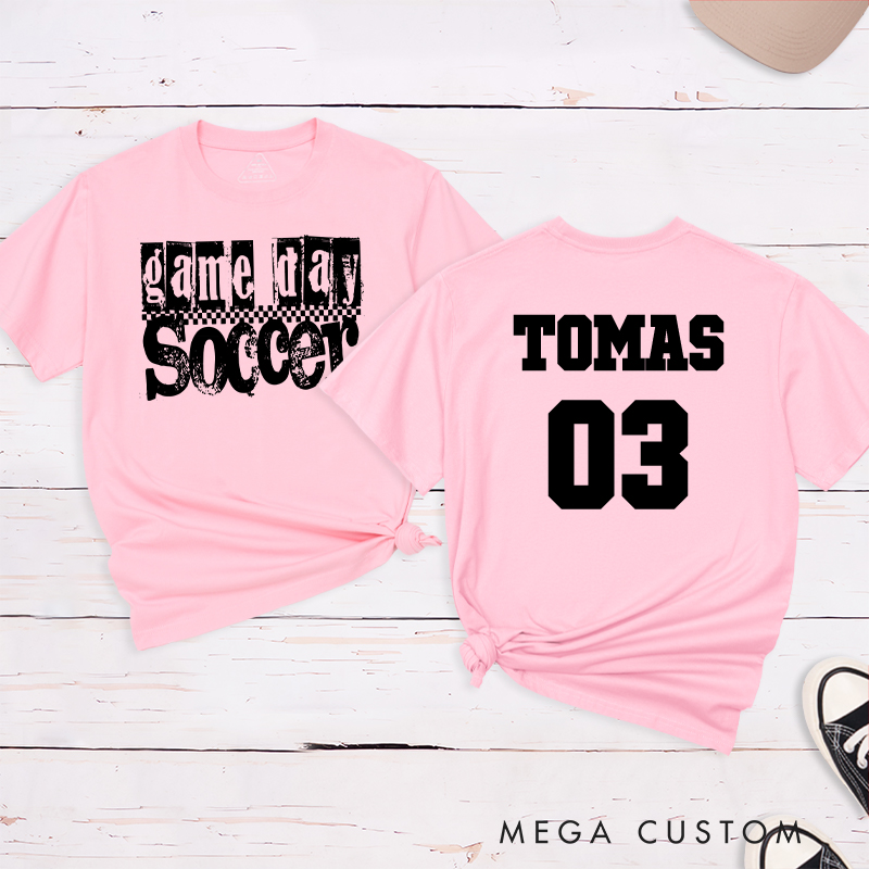 Personalized Game Day Soccer T-Shirt with Grunge Checkerboard Design and Custom Name and Number