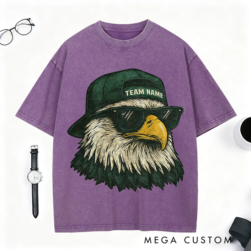 Personalized Football Mascot Washed T-Shirt with Cool Eagle Design and Custom Team Name