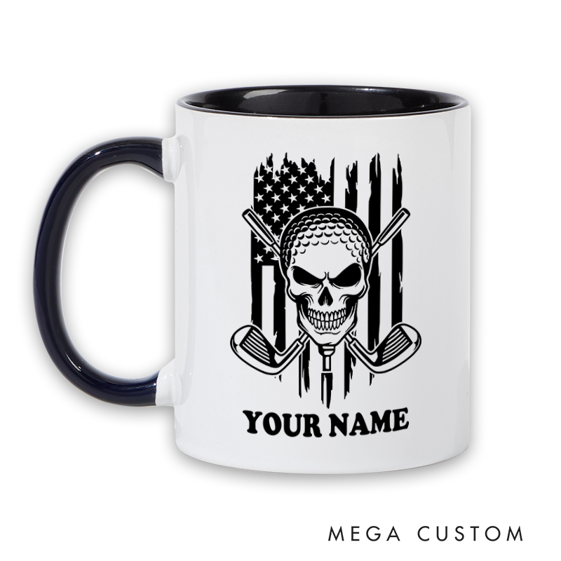 Personalized Skull Golf Mug with Custom Name and American Flag Design Unique Gift for Golf Lovers