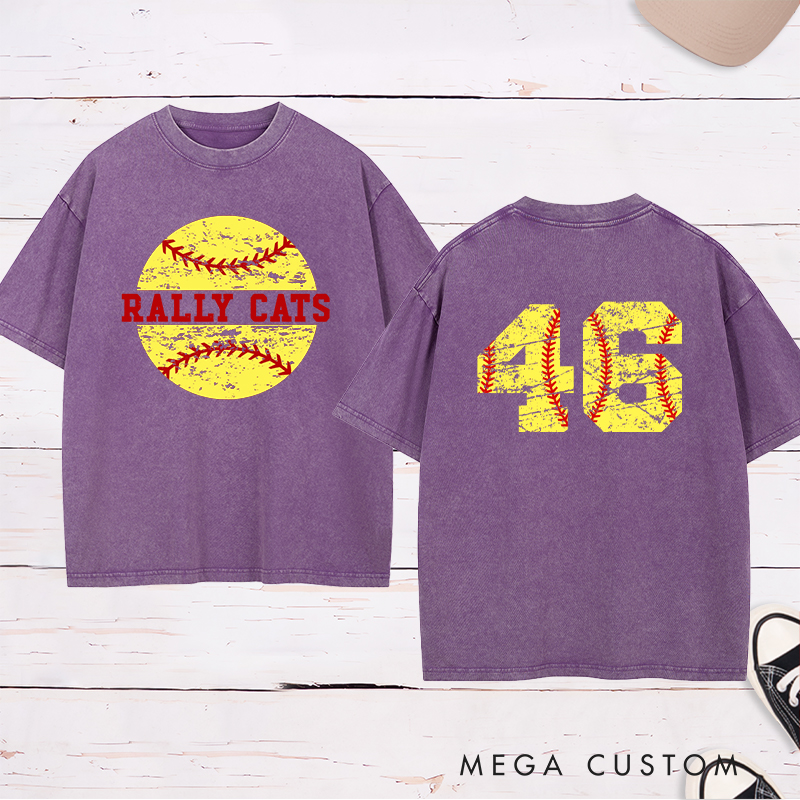 Personalized Softball Washed T-Shirt Design Featuring Custom Team Name Distressed Softball Graphic and Bold Jersey Number on the Back