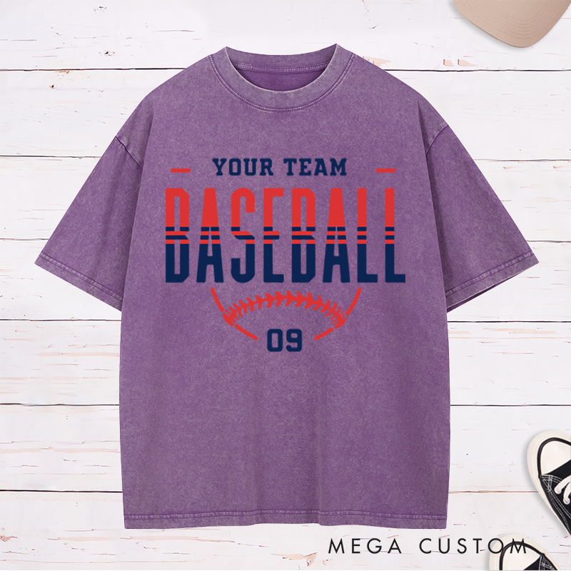 Personalized Game Day Washed T-Shirt with Team Name Number and Stylish Baseball Graphic