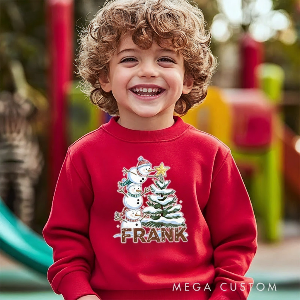 Personalized Kids Sweatshirt and Holiday Pullover with Snowman and Christmas Tree Design Featuring Festive Holiday Elements for a Merry Winter Look