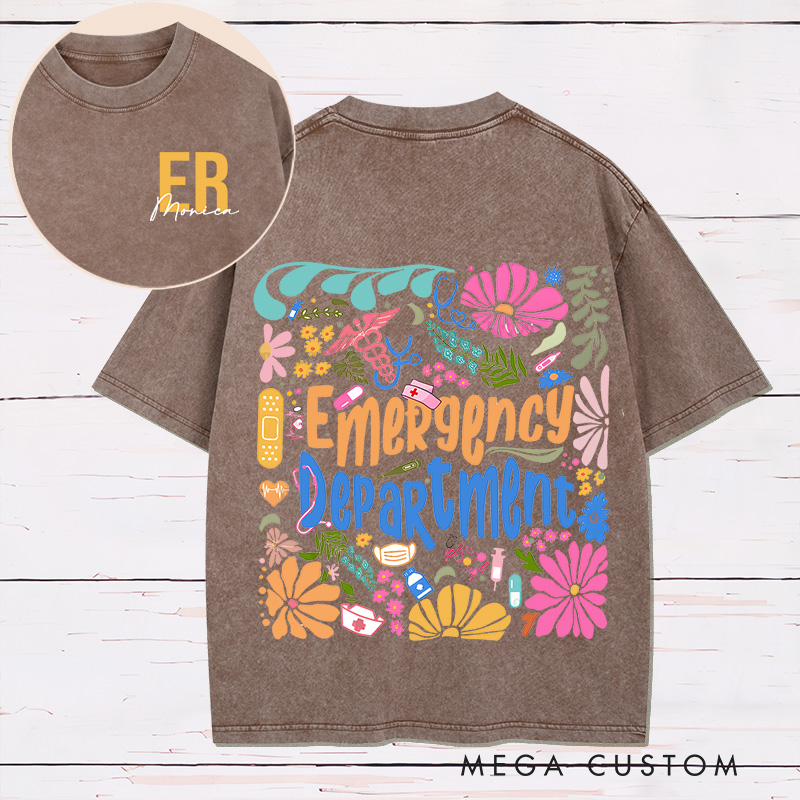 Personalized Two Sides Printed Washed T-Shirt Customized Emergency Department Vibrant Floral Design Washed T-Shirt 