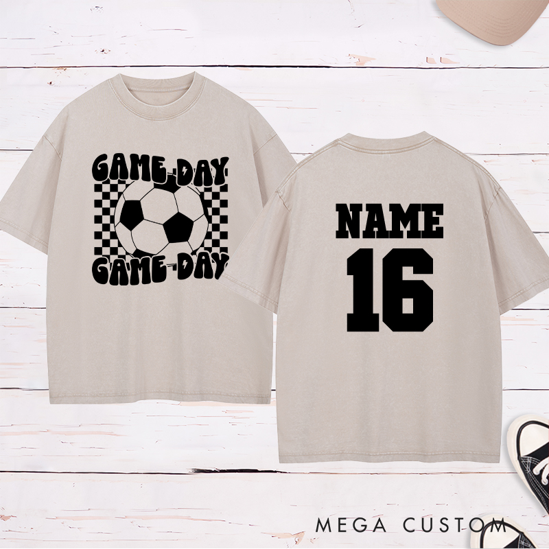 Personalized Game Day Soccer Washed T-Shirt with Bold Checkerboard Design and Custom Name and Number