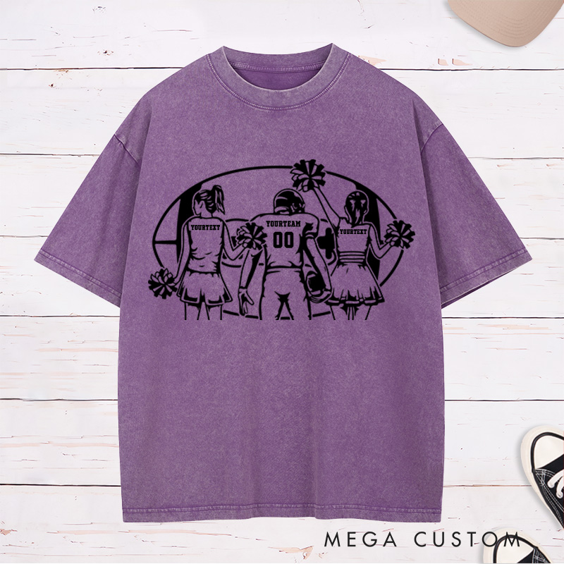 Personalized American Football Cheerleader Washed T-Shirts with Custom Player and 2 Cheerleader Name and Number