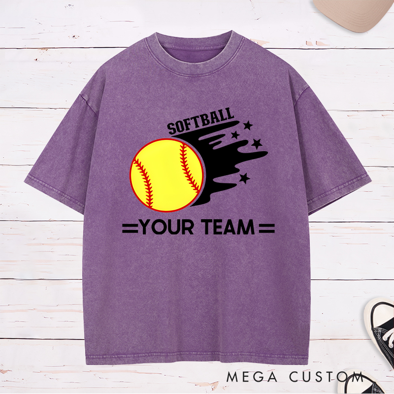 Personalized Softball Team Washed T-Shirt Design Featuring Customizable Team Name Bold Motion Trail Graphic with Stars and Striking Softball Element