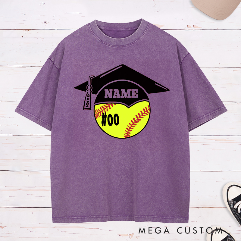 Personalized Graduation Softball Washed T-Shirt Design Featuring Custom Name Player Number Graduation Cap and Bat Graphic