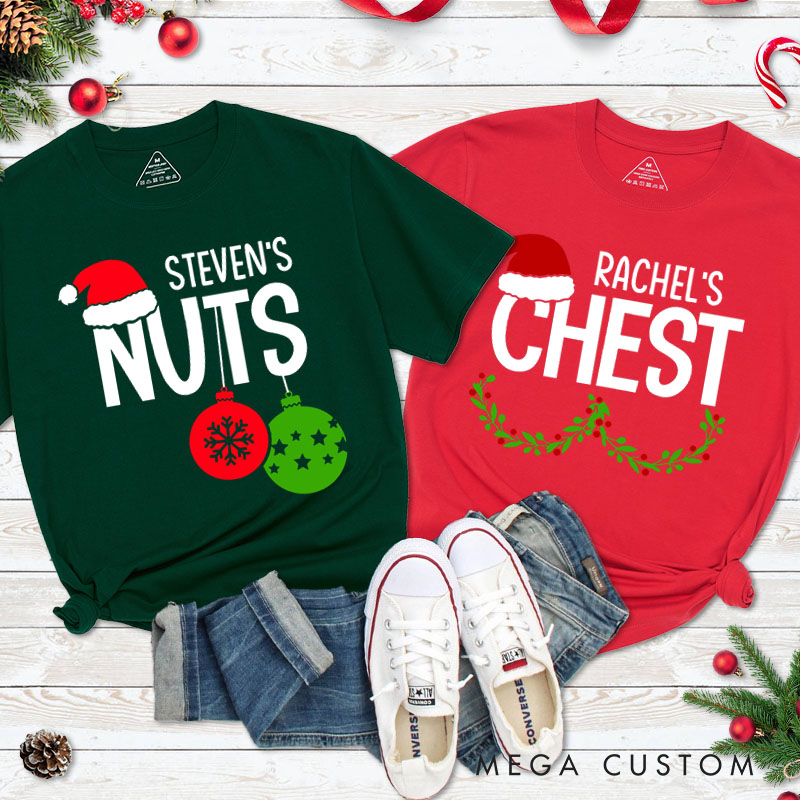 Personalized Couple Nuts with Xmas Ball and Chest with Wreath T-Shirt Couple Xmas Matching Shirts for Husband Wife Boyfriend Girlfriend Tee Tops